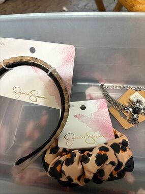 Jessica Simpson Leopard Scrunchie ,Headband Set, and cross bracelet